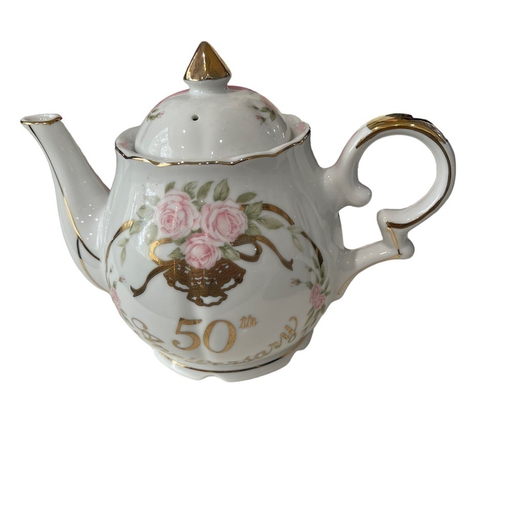 Lefton 50th Anniversary musical Teapot flowers with with gold trim